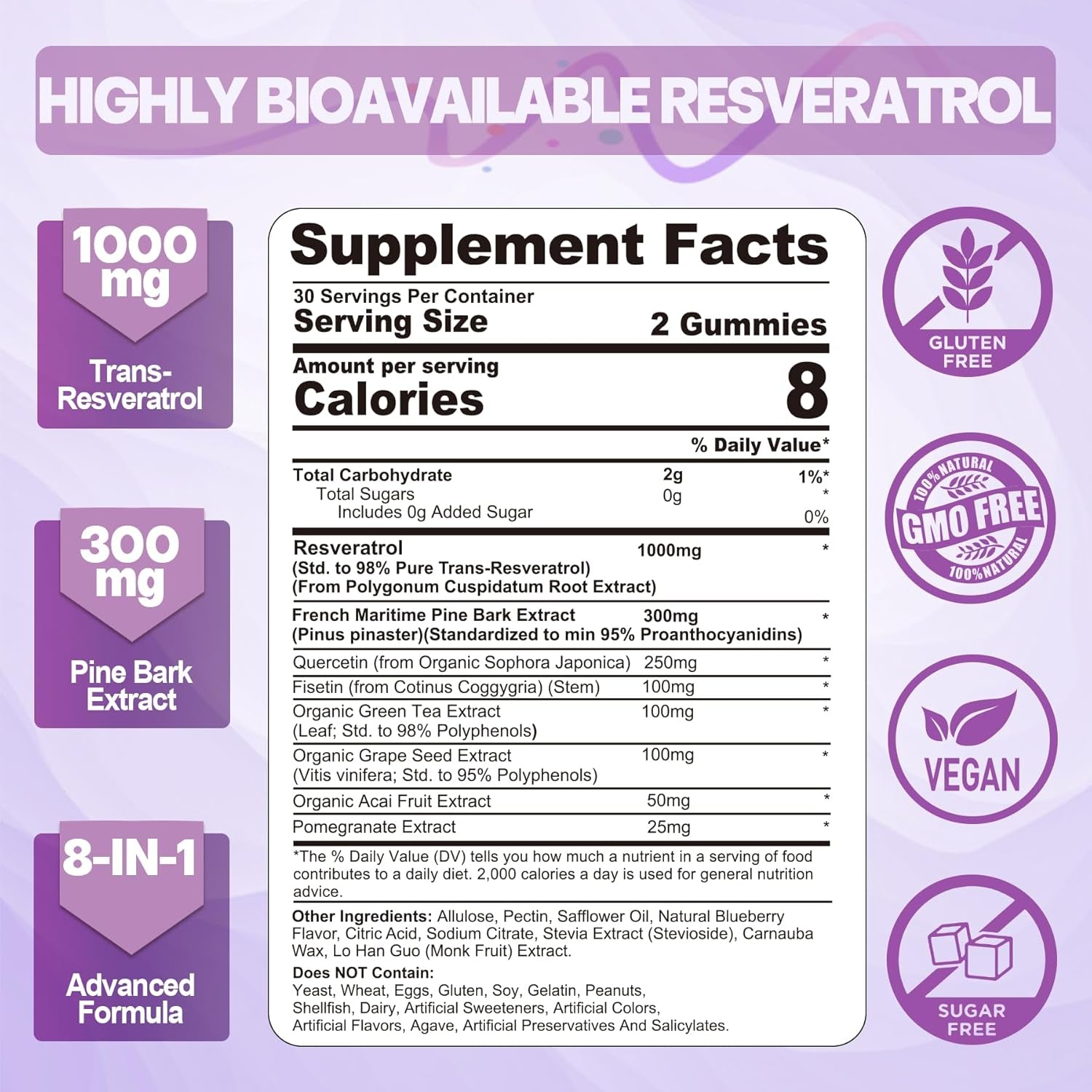 Resveratrol Supplement 1000Mg - Sugar Free Resveratrol Gummies W/Pine Bark Extract, Quercetin, Fisetin & Grape Seed for Antioxidant, Heart, Healthy Aging & Brain, 98% Pure Trans Resveratrol, 60 Cts 