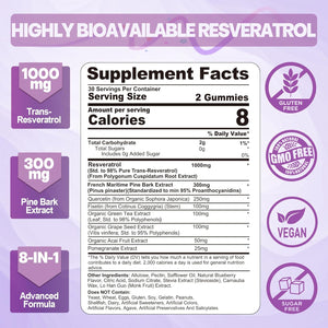 Resveratrol Supplement 1000Mg - Sugar Free Resveratrol Gummies W/Pine Bark Extract, Quercetin, Fisetin & Grape Seed for Antioxidant, Heart, Healthy Aging & Brain, 98% Pure Trans Resveratrol, 60 Cts 