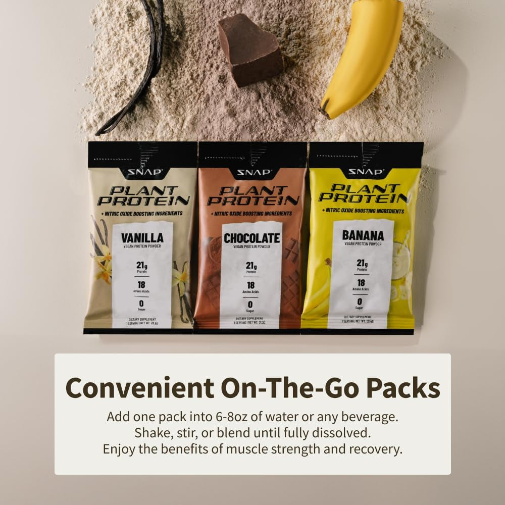 Snap Supplements 100% Plant Based Protein Powder Stick Packs with Nitric Oxide Booster (10 Pack, Banana)