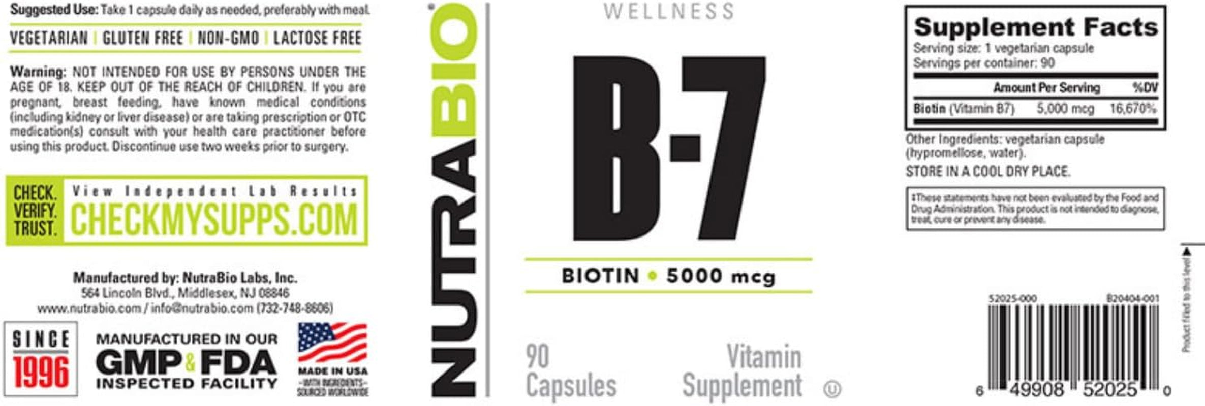 Nutrabio Biotin (Vitamin B-7) Supplement, 5000Mcg - May Help Promote Healthy Hair, Skin, and Nails, 90 Vegetable Capsules 