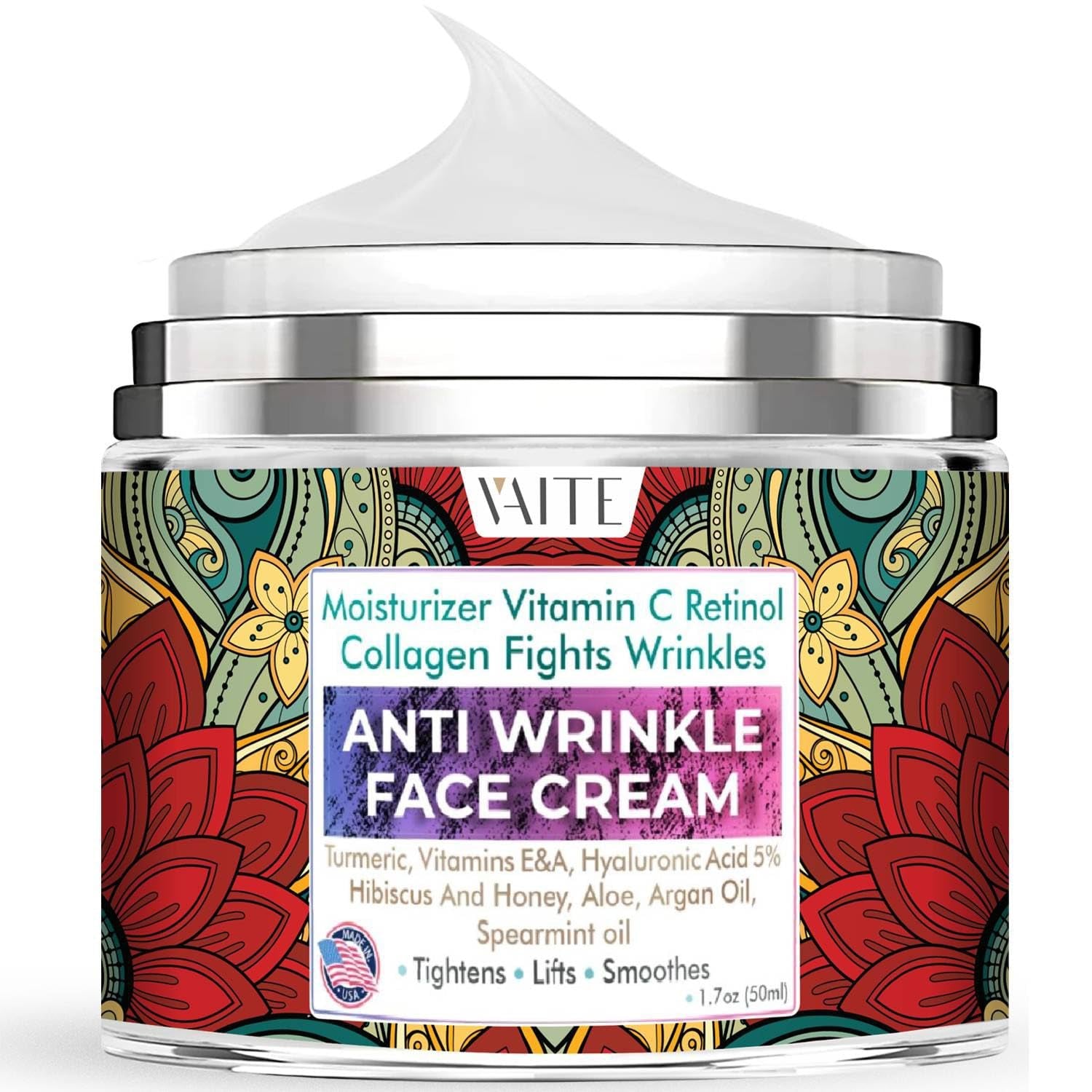 Wrinkle Cream for Women Face and Neck with Retinol, Collagen, Vitamins C, E, A, Turmeric, Hyaluronic Acid, Hibiscus Honey. Moisturizing and Reduce Wrinkles. anti Aging Moisturizer for Sensitive Eyes