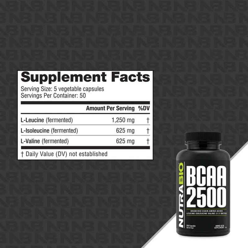 Nutrabio – BCAA 2500 – Branched Chain Amino Acids – Support New Muscle Growth and Prevent Muscle Breakdown – 250 Capsules