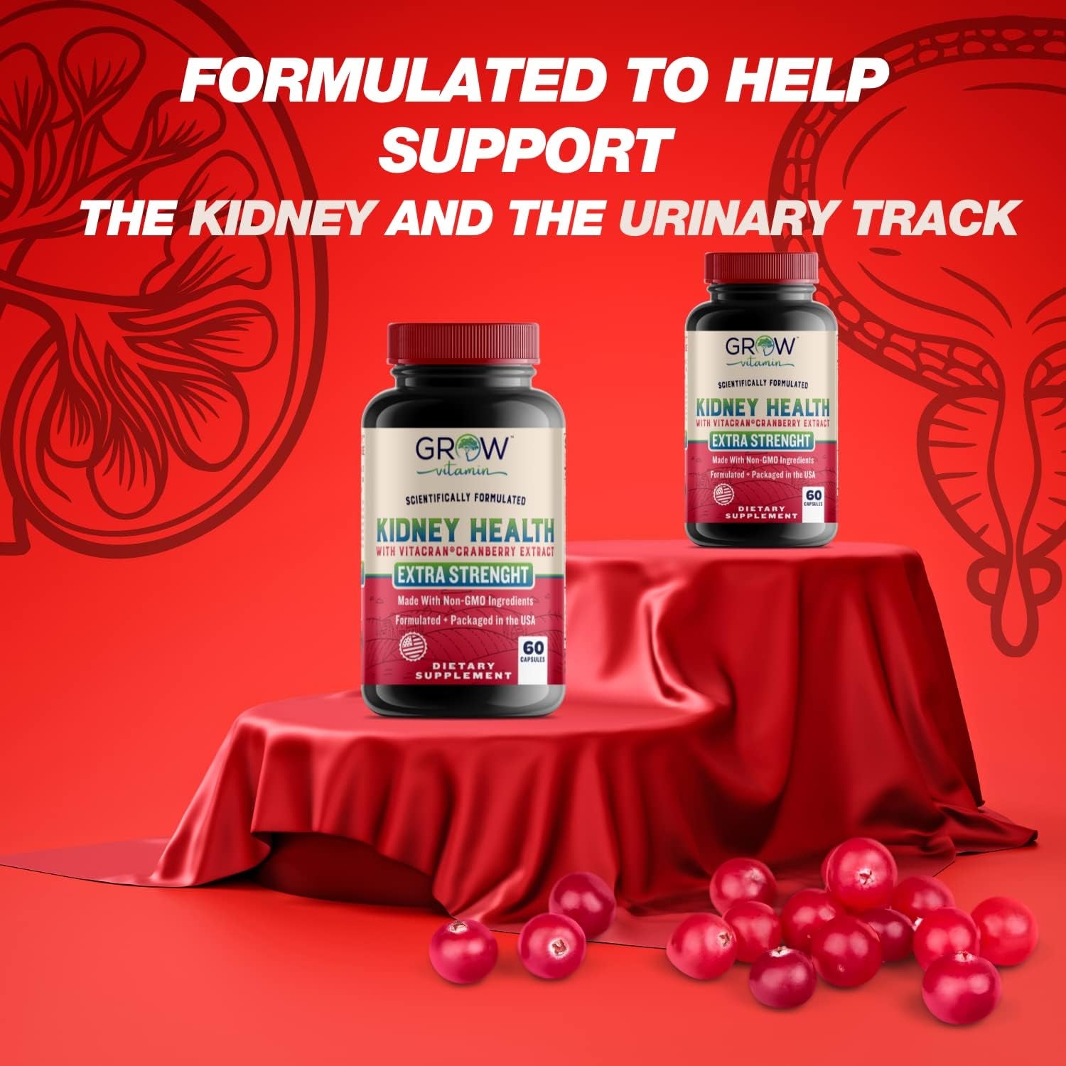 Grow Vitamin Premium Kidney Cleanse Supplement – Powerful Kidney Support Formula with Cranberry Extract Helps Support Healthy Kidneys & Urinary Tract Support– 60 Vegetarian Capsules
