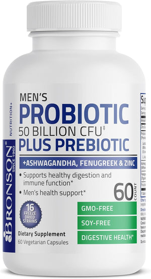 Men'S Probiotic 50 Billion CFU plus Prebiotic with Ashwagandha, Fenugreek & Zinc, Supports Healthy Digestion & Immune Function Non-Gmo, 60 Vegetarian Capsules