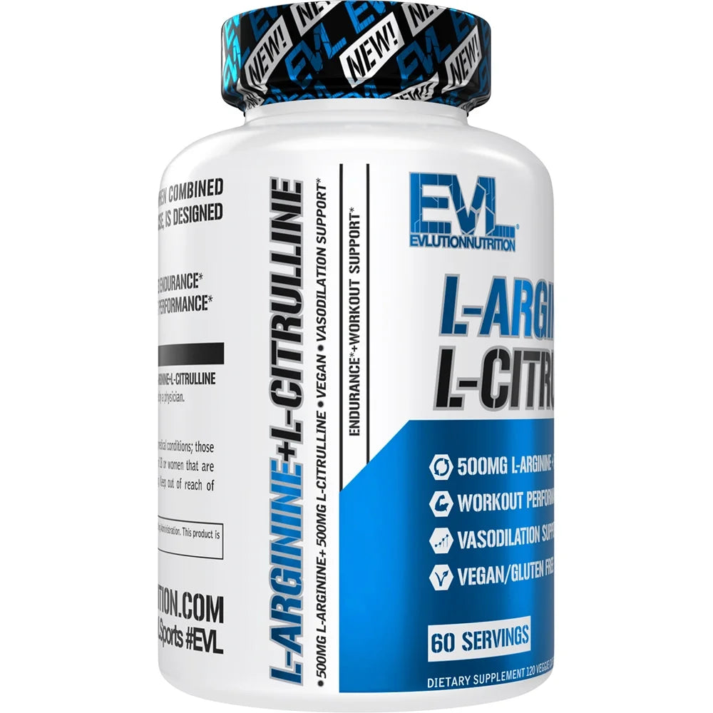 L-Arginine + L-Citrulline - Endurance + Workout Performance Supplement - 500Mg Complex - Vasodilation + Nitric Oxide Support - Vegan + Gluten Free Capsules - 60 Servings 