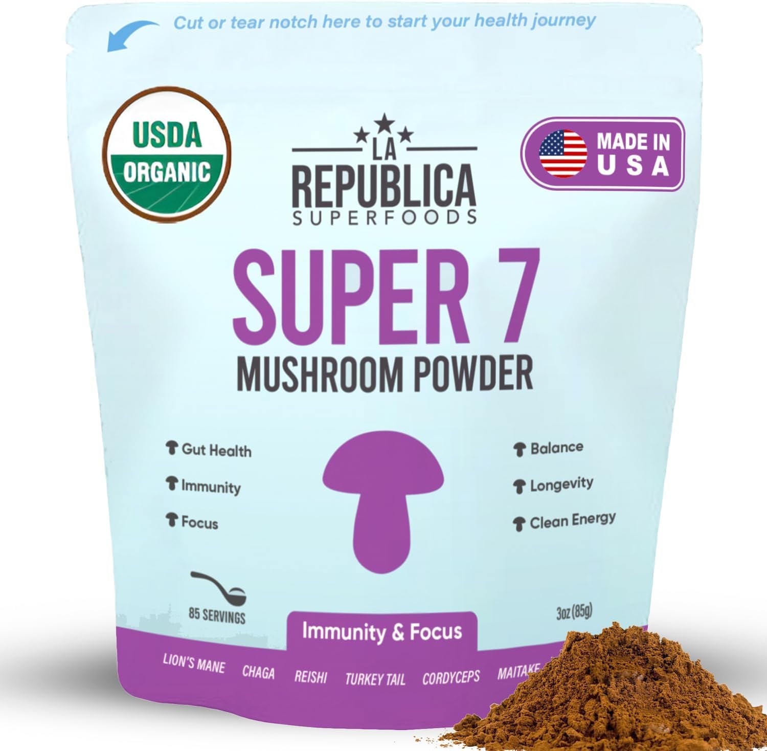 La Republica SUPER 7 USDA Organic Mushroom Powder (Lion'S Mane, Chaga, Reishi, Cordyceps, Maitake, Shiitake, Turkey Tail, Mushroom Supplement, Vegan, No Fillers (3 Oz)