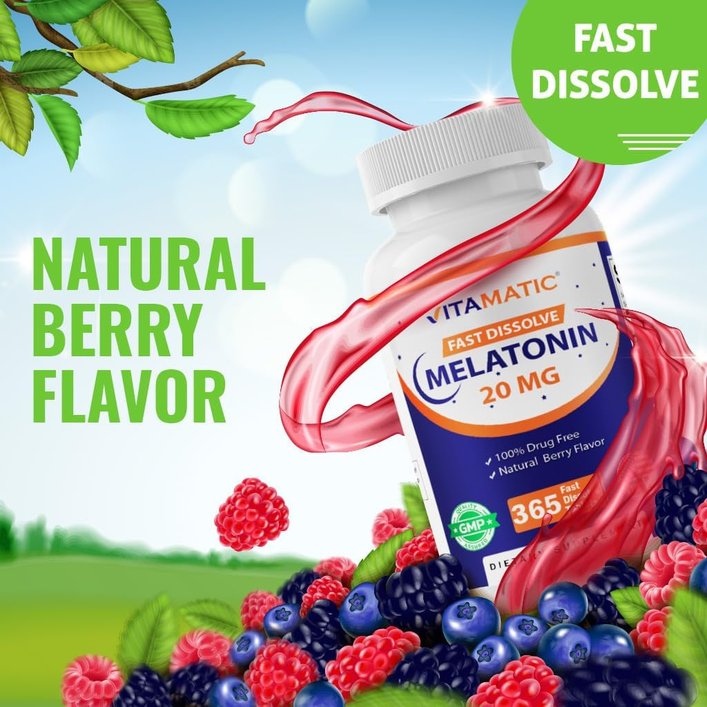 Vitamatic Melatonin 20 Mg Tablets | Vegetarian, Non-Gmo, Gluten Free | 1 Year Supply | Natural Berry Flavor - 365 Tablets - 2 Pack
