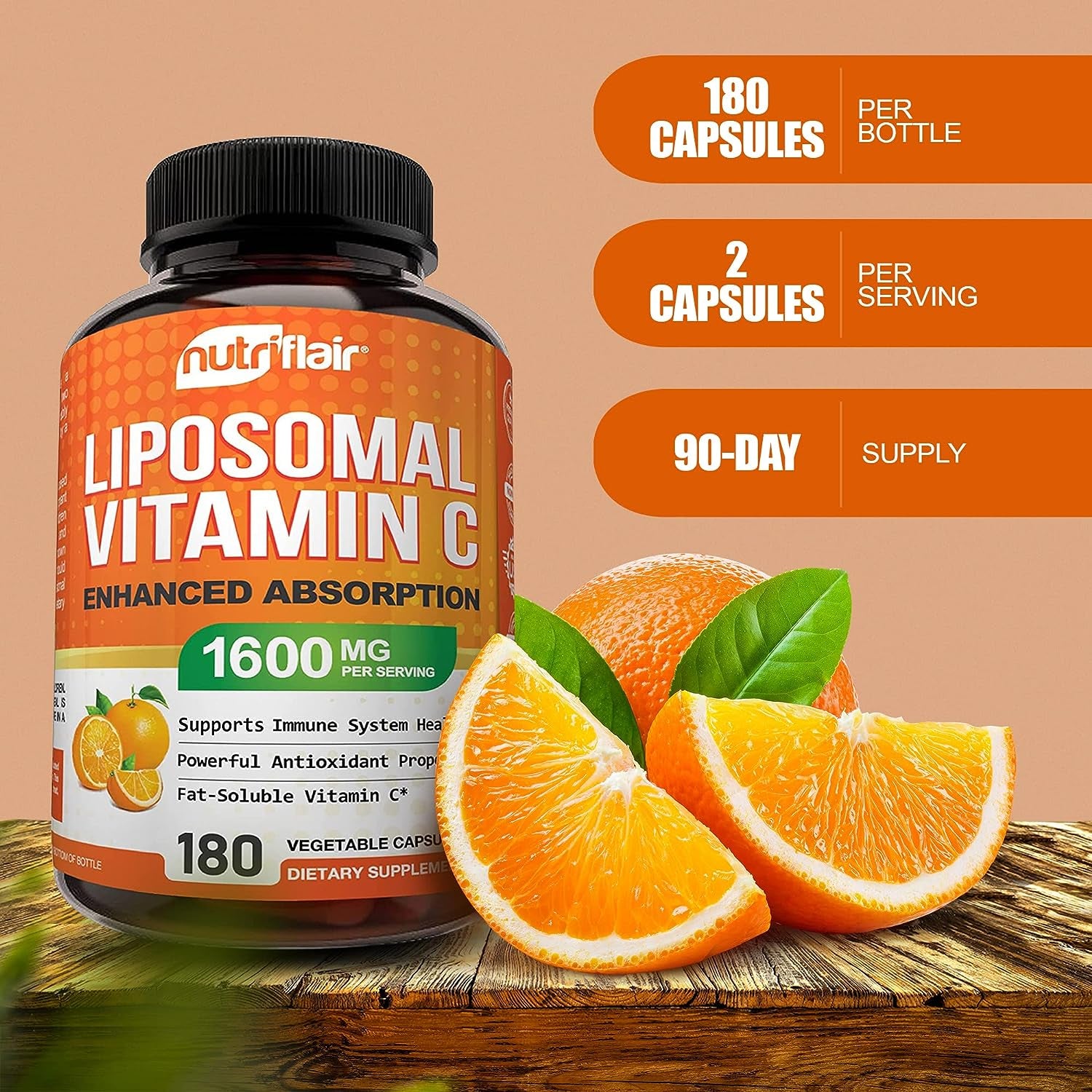 Nutriflair Liposomal Vitamin C 1700Mg, 180 Capsules - High Absorption, Fat Soluble VIT C, Antioxidant Supplement, Higher Bioavailability Immune System Support & Collagen Booster, Non-Gmo, Vegan Pills