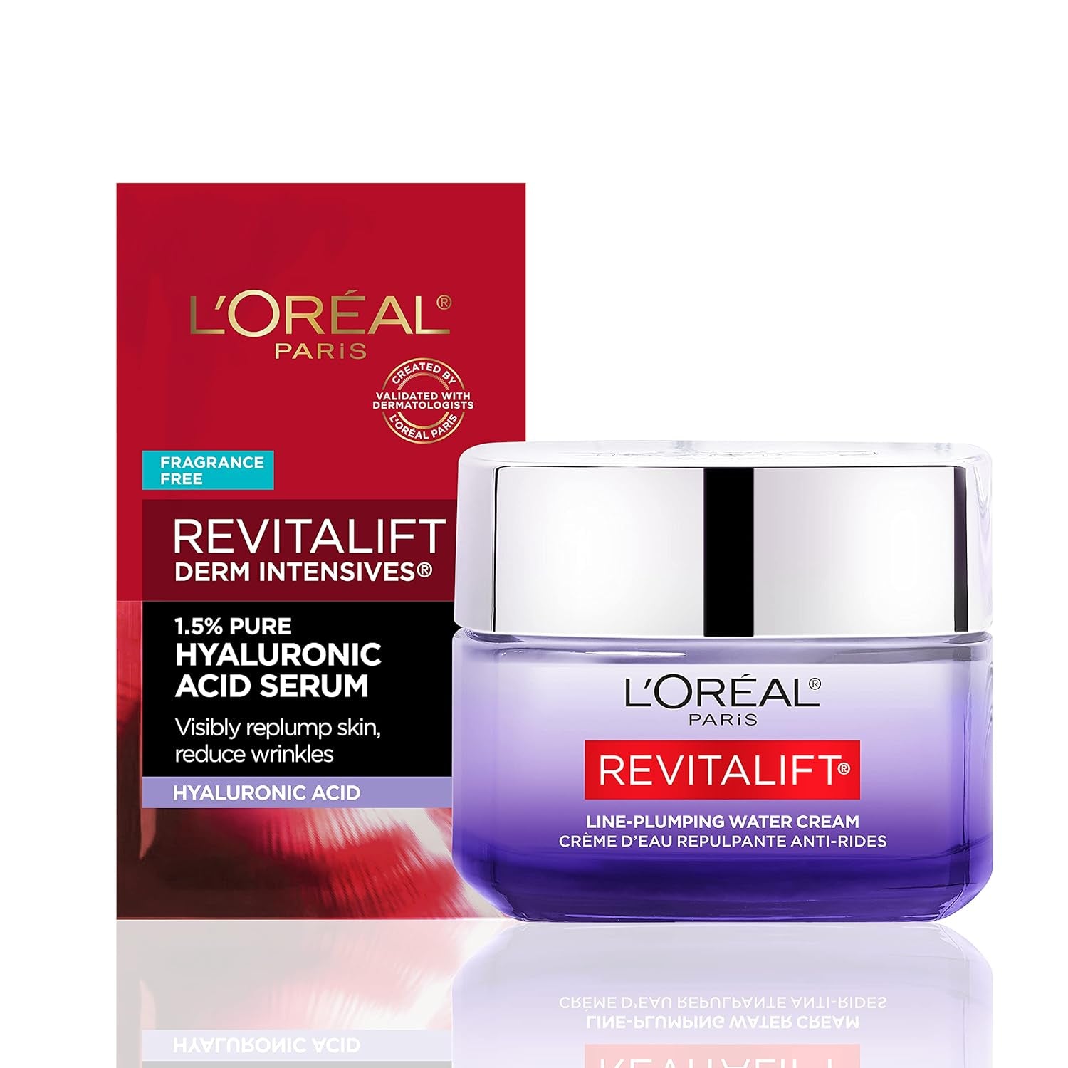L'Oreal Paris Revitalift Moisturizer, Hyaluronic Acid Water Cream with Ceramides, Deeply Hydrating, Fragrance Free 1.7 Oz + Serum Sample