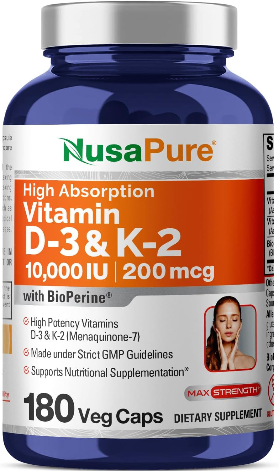 Nusapure Vitamin K2 (MK7) (200Mcg) + Vitamin D3 (10000 IU) 180 Veg Caps - Bioperine, Soyfree, Non-Gmo 