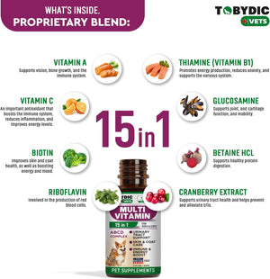Cat & Dog Multivitamin -15 in 1 Pet Supplements with Cranberry & Glucosamine - Natural Medicine & Support for UTI, Urinary Tract, Bladder, Kidney, Skin Coat, Joints Treatment Made in USA