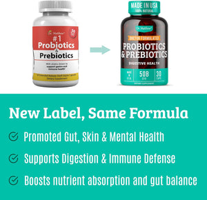 Prebiotics and Probiotics: Lactobacillus Gasseri, Lactobacillus Rhamnosus, Plantarum, Casei, Bifidobacterium Longum, Lactis, Infantis. Probiotic Prebiotic, Pre and Probiotics for Digestive Health.