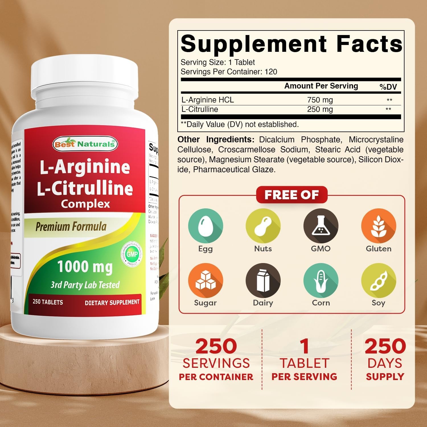 L-Arginine L-Citruline Complex Tablets, 250 Count