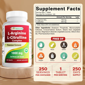 L-Arginine L-Citruline Complex Tablets, 250 Count