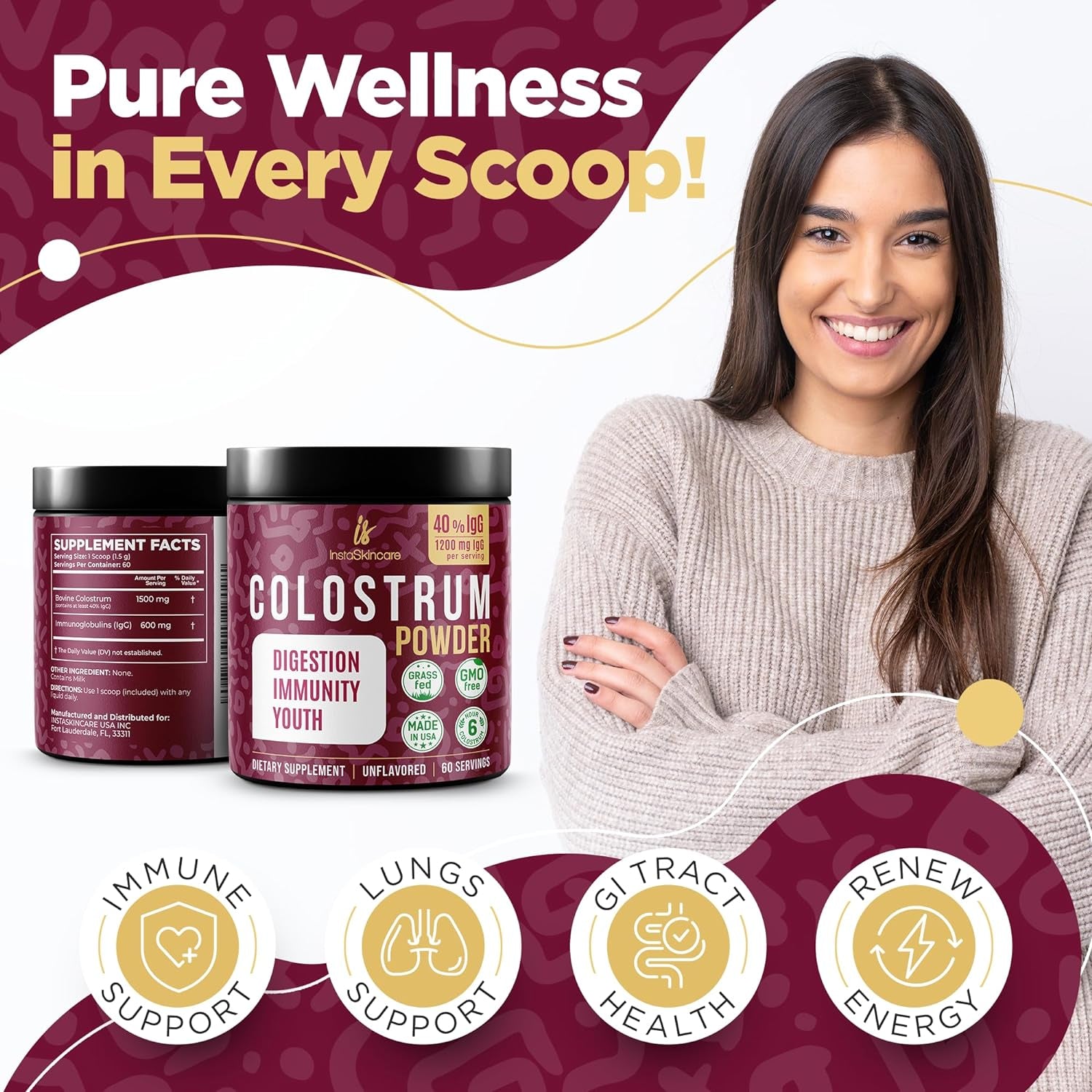 Instaskincare Collagen Peptides Powder 1 Lb - Bovine Colostrum Powder 40% Igg 3.17 OZ 