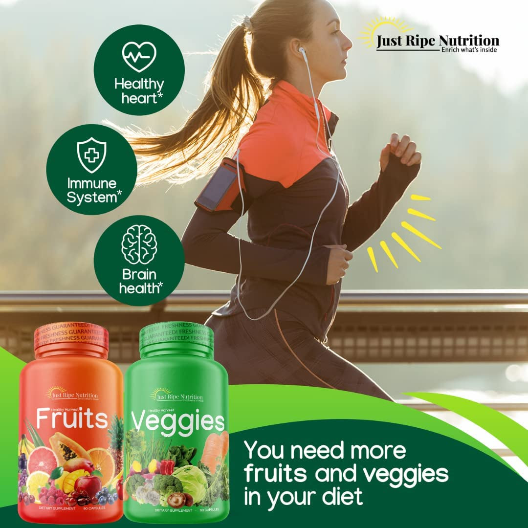 Fruits and Veggies Supplement - 90 Fruit and 90 Vegetable Capsules - 100% Whole Natural Superfood - Filled with Vitamins and Minerals - Supports Energy Levels (4 Pack)