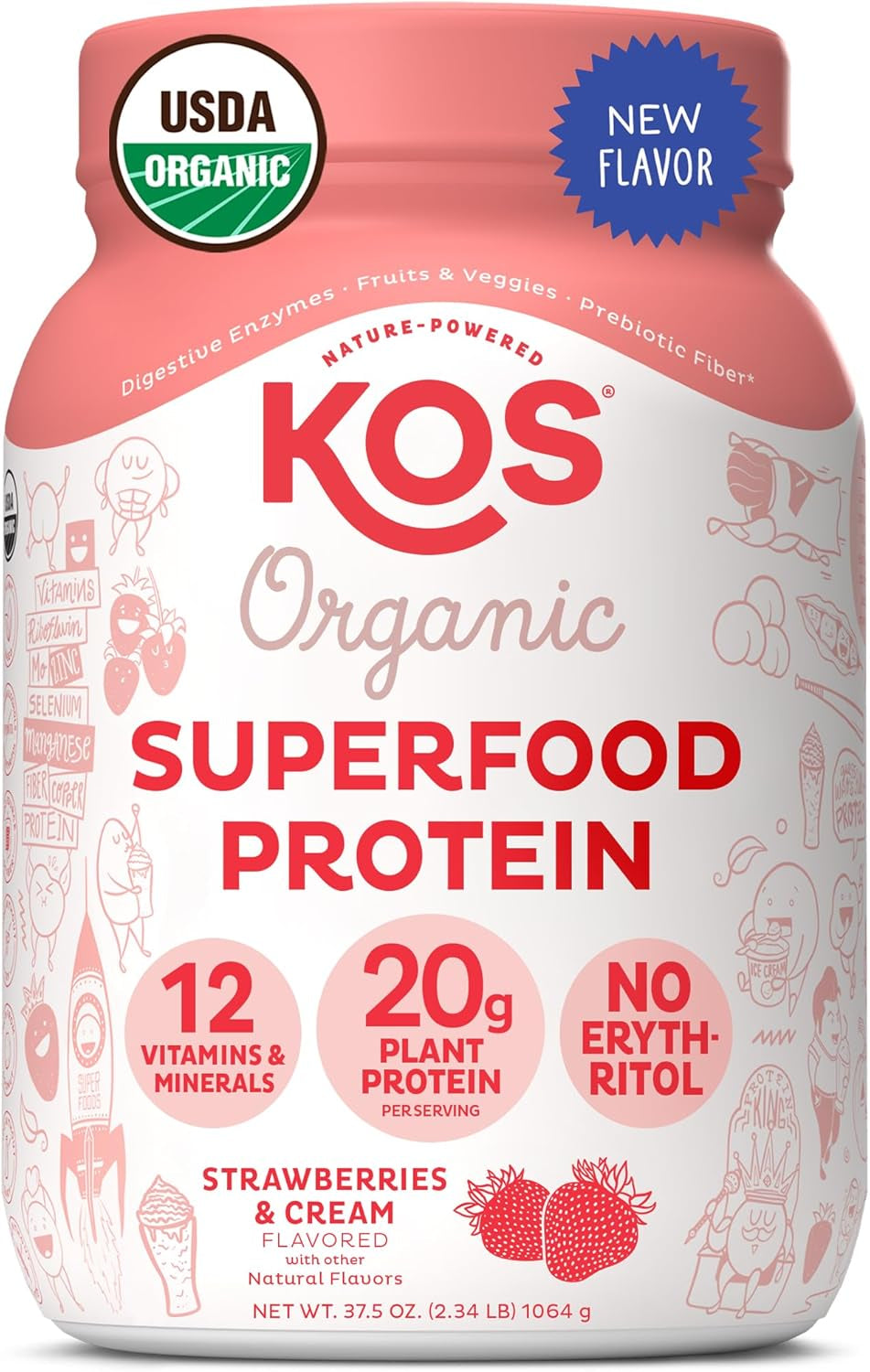 KOS Plant Based Protein Powder, Strawberry and Cream - Organic Pea Protein Blend, Vegan Superfood with 12 Vitamins and Minerals - Made without Dairy - Meal Replacement for Women & Men, 28 Servings