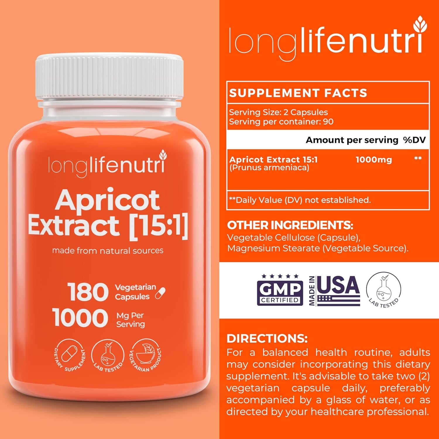 Apricot Extract - Advanced Formula, 1000Mg per Serving, 180 Vegetarian Capsules for Natural Vitality, 3-Month Supply, Organic from Prunus Armeniaca - 15:1, Made in USA, Lab Tested, Non-Gmo