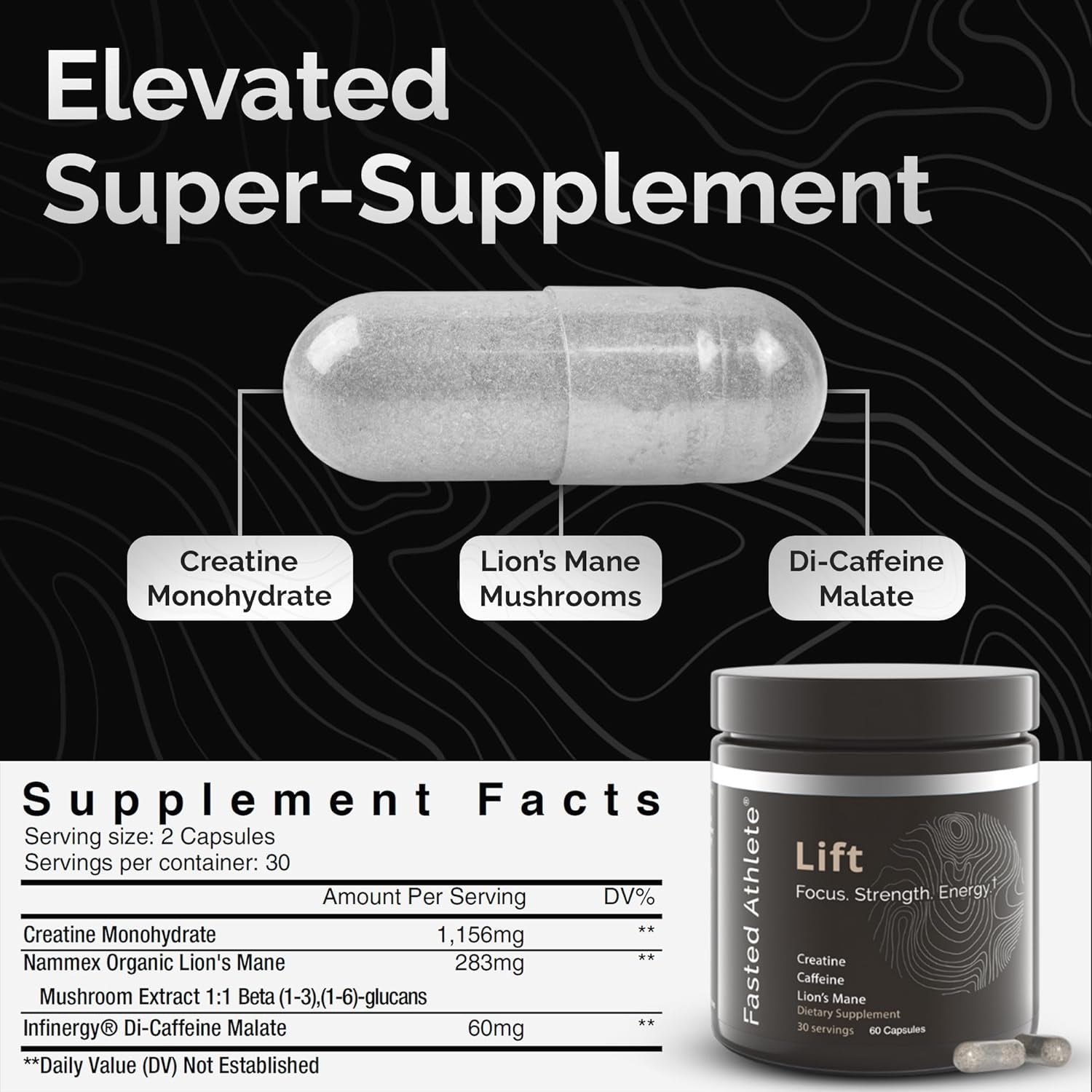 Lift – Lions Mane Mushroom Supplement - Brain Booster for Focus, Energy, & Productivity – Time Release Caffeine & Creatine – Nootropics, Mushrooms, Performance Formula, 60 Capsules 
