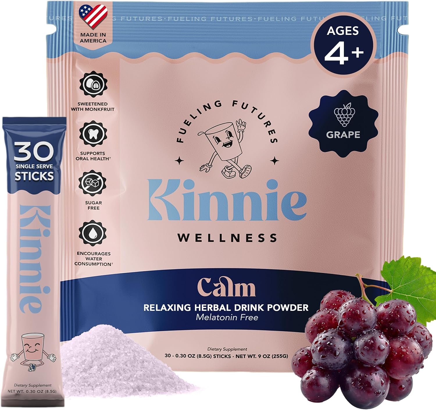 Kinnie Calm Drink Mix for Kids - Grape Flavor, Sugar Free & Melatonin Free - Herbal Magnesium Supplement for Bedtime, Focus & Travel (30 Sticks)