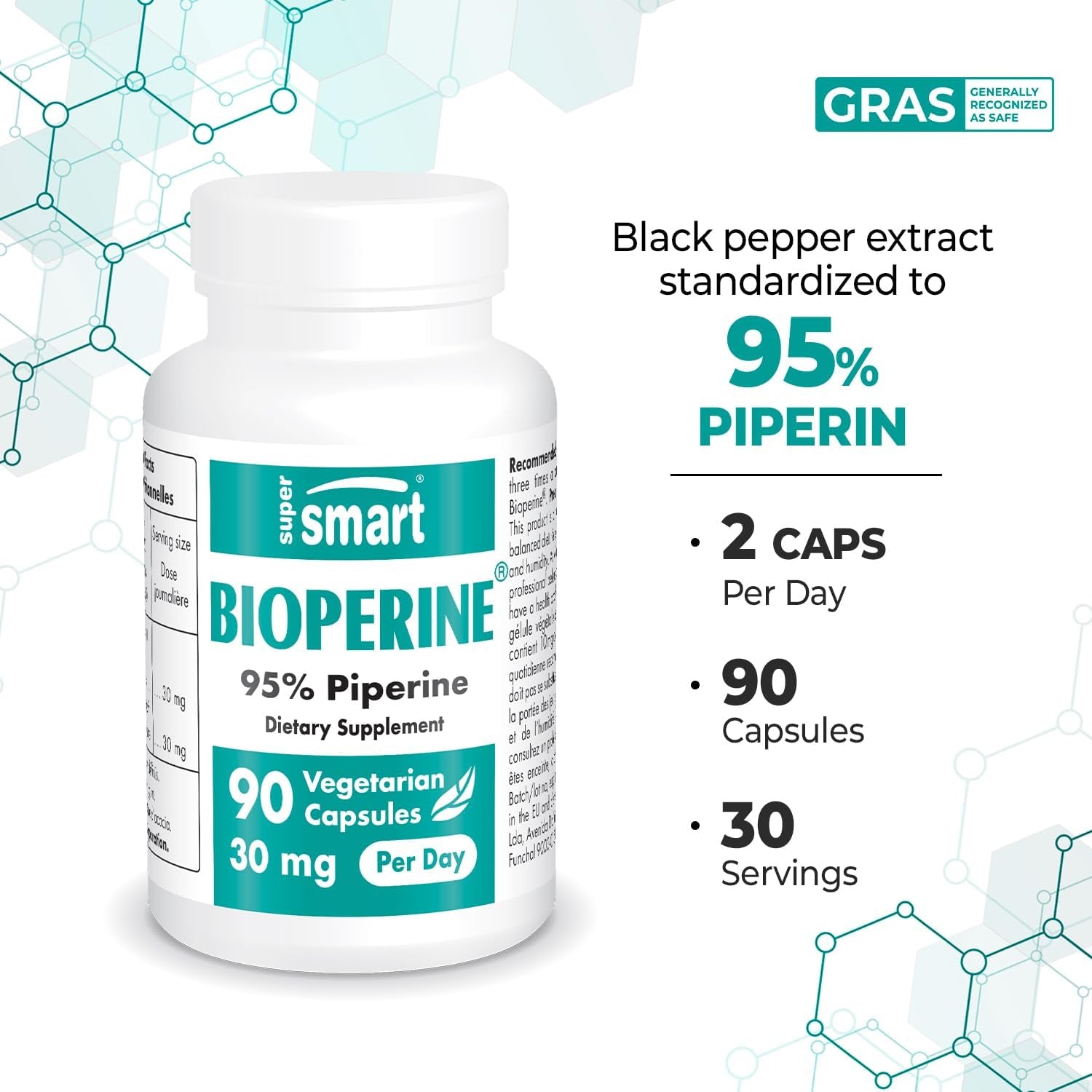'- Bioperine 30Mg per Day (95% Piperine) - Black Pepper Extract - Curcumin & Nutrients Absorption Enhancer - Digestive Enzymes Support | Non-Gmo & Gluten Free - 90 Vegetarian Capsules