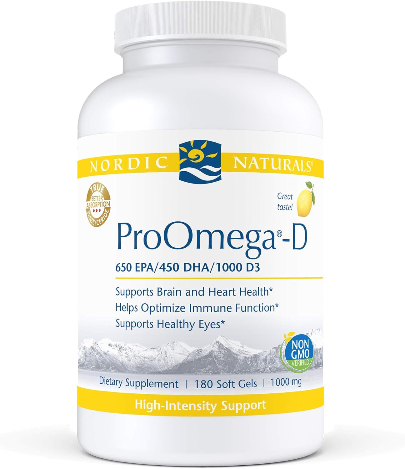 Proomega-D, Lemon Flavor - 180 Soft Gels - 1280 Mg Omega-3 + 1000 IU D3 - High-Potency Fish Oil - EPA & DHA - Brain, Eye, Heart, Joint, & Immune Health - Non-Gmo - 90 Servings