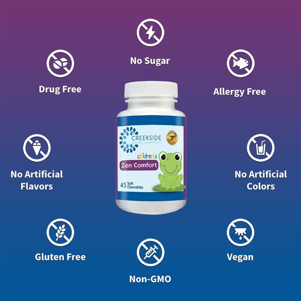 Zen Comfort for Kids, Organic Mood Support with 5-HTP, L-Theanine, Passionflower, Zinc, Pediatrician Formulated, Sugar-Free, Vegan, Berry Flavor, 45 Soft Chewables