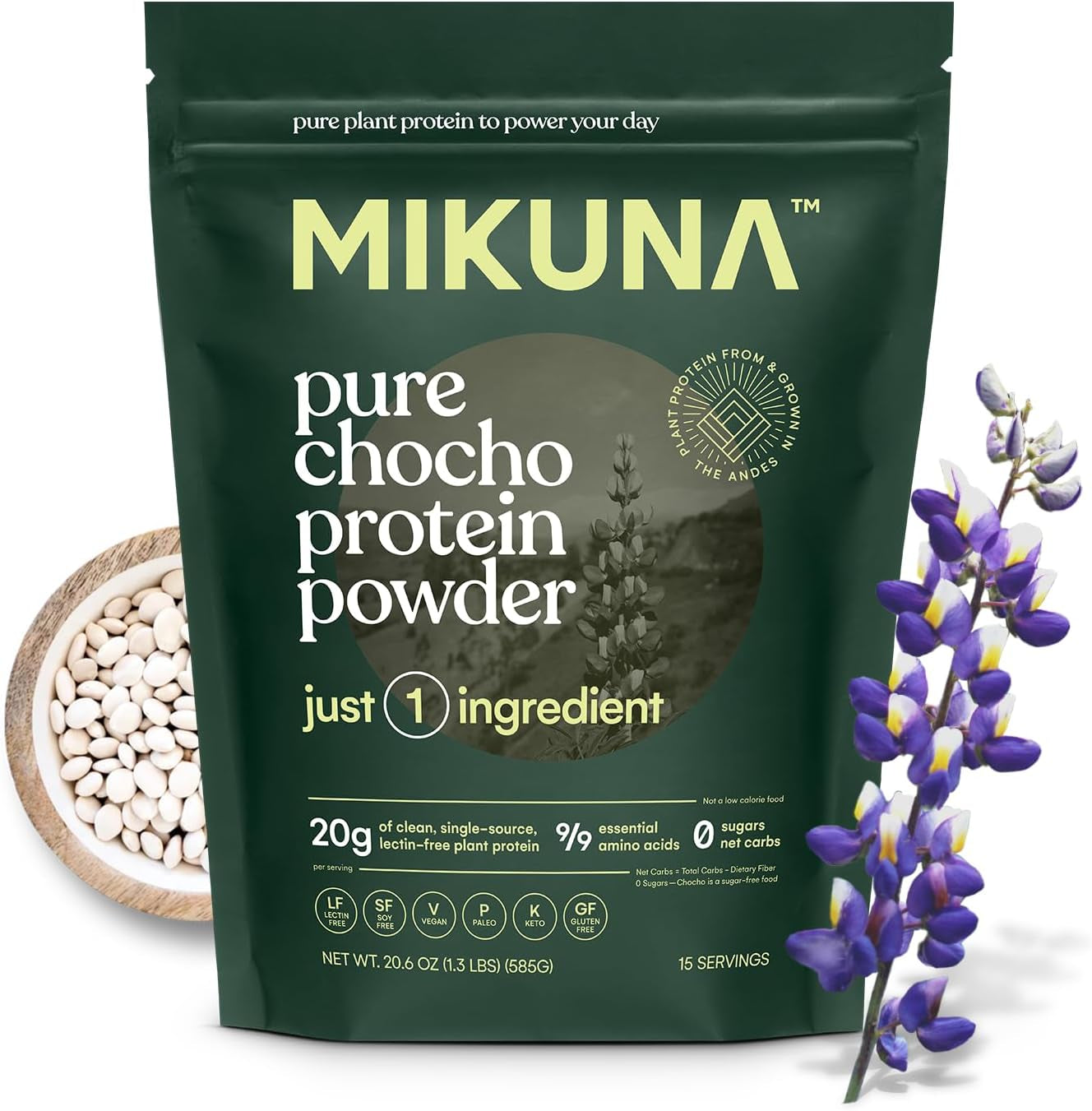 Mikuna Vegan Protein Powder (Unflavored, 15 Servings) - Plant Based Chocho Superfood Protein - Dairy Free Protein Powder Packed with Vitamins, Minerals & Fiber - Gluten, Keto & Lectin-Free 