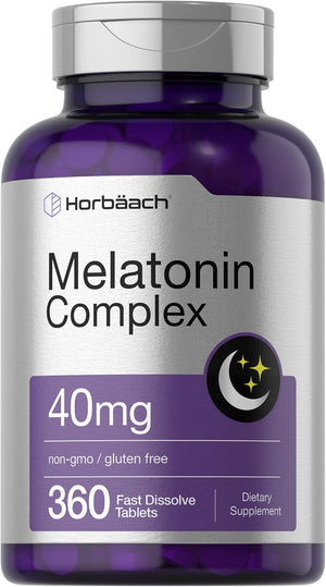 Horbäach Melatonin 40Mg Complex | 360 Fast Dissolve Tablets | Adult Extra Strength Supplement | with Chamomile and Ashwagandha | Vegetarian, Non-Gmo, Gluten Free