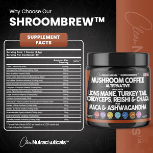 Clean Nutraceuticals Mushroom Coffee Alternative Mix - Maca Coffee with Lions Mane Mushroom, Cordyceps & Ashwagandha - Cacao Based with Maca Root, Turkey Tail, Chaga & Reishi Mushroom - USA Made