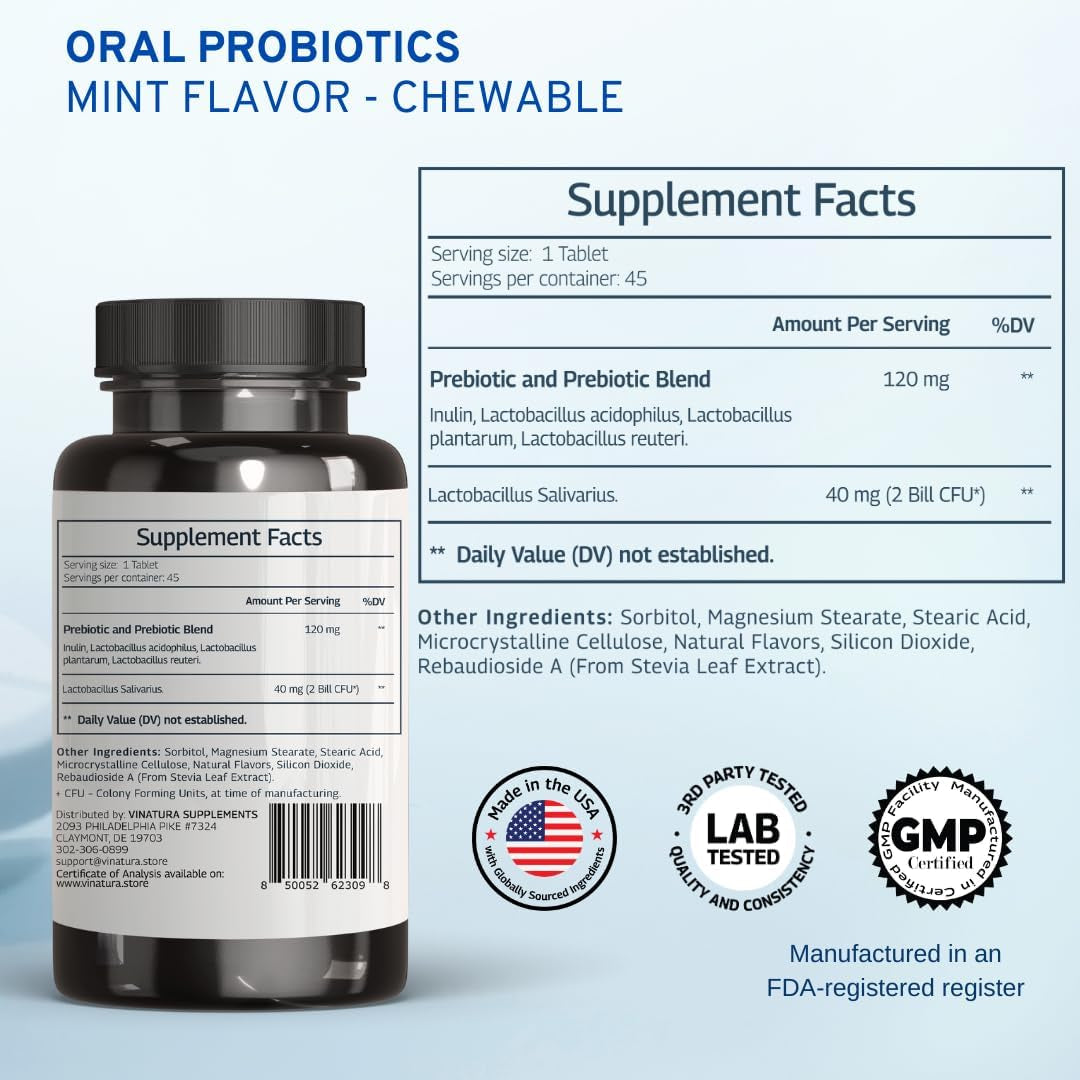 Lactobacillus Salivarius Oral Probiotics - for Mouth Bad Breath, Dental Probiotics for Teeth and Gums, Throat, Ear, Nose - 45 Chewable Mint Tablets