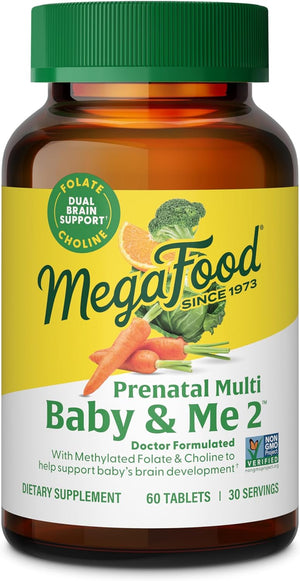 Megafood Baby & Me 2 Prenatal Vitamin and Minerals - Vitamins for Women - with Folate (Folic Acid Natural Form), Choline, Iron, Iodine, and Vitamin C, Vitamin D and More - 120 Tabs (60 Servings)