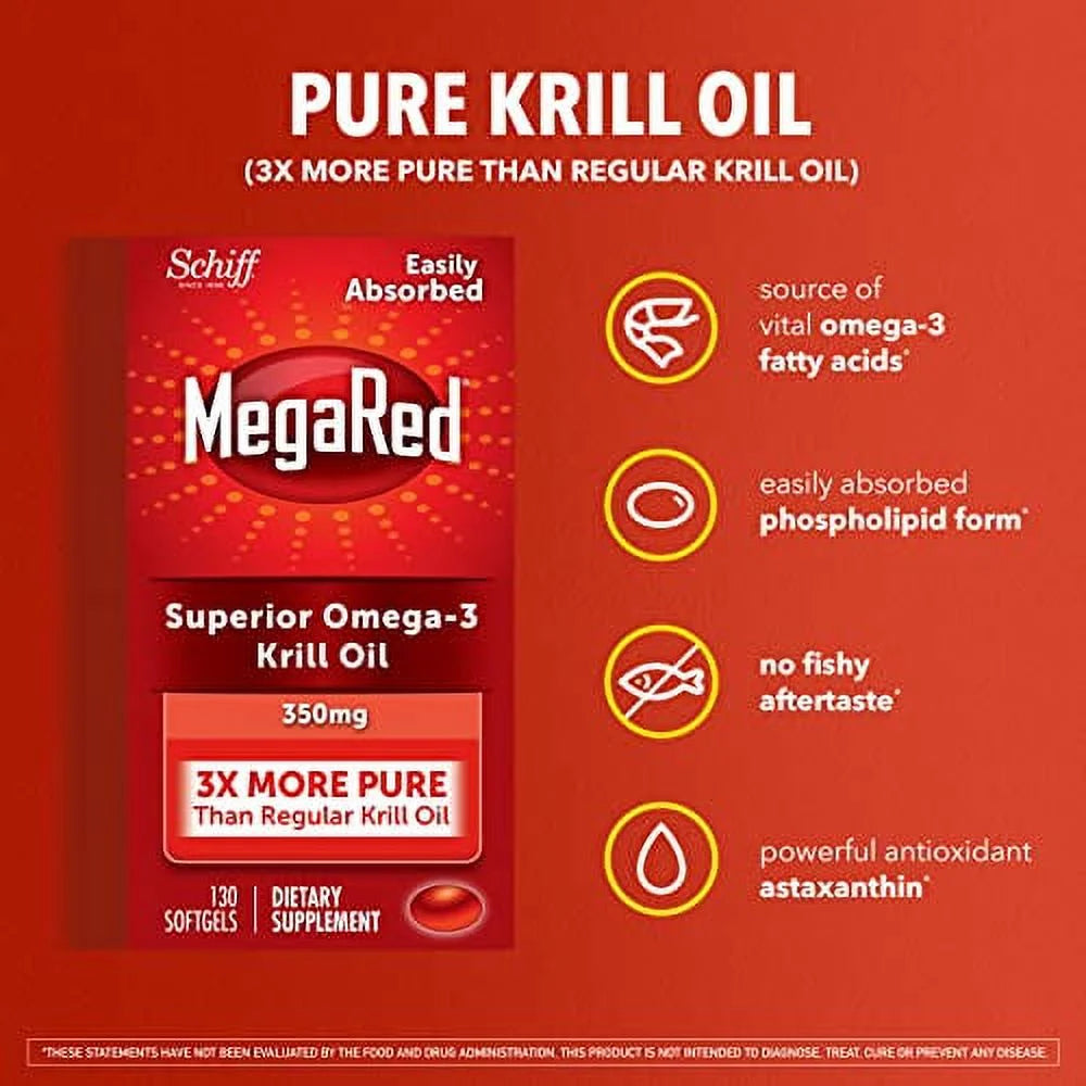 Krill Oil 350Mg Omega 3 Supplement with EPA, DHA, Astaxanthin & Phopholipids, Supports Heart, Brain, Joint and Eye Health, No Fish Oil Aftertaste - 130 Softgels (130 Servings)