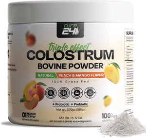Bovine Colostrum X3 Supplement Powder for Humans, 100% Pure Whole Natural Grass Fed Superfood, High Igg, plus Probiotic & Prebiotic, Natural Peach-Mango Flavor, Made in USA