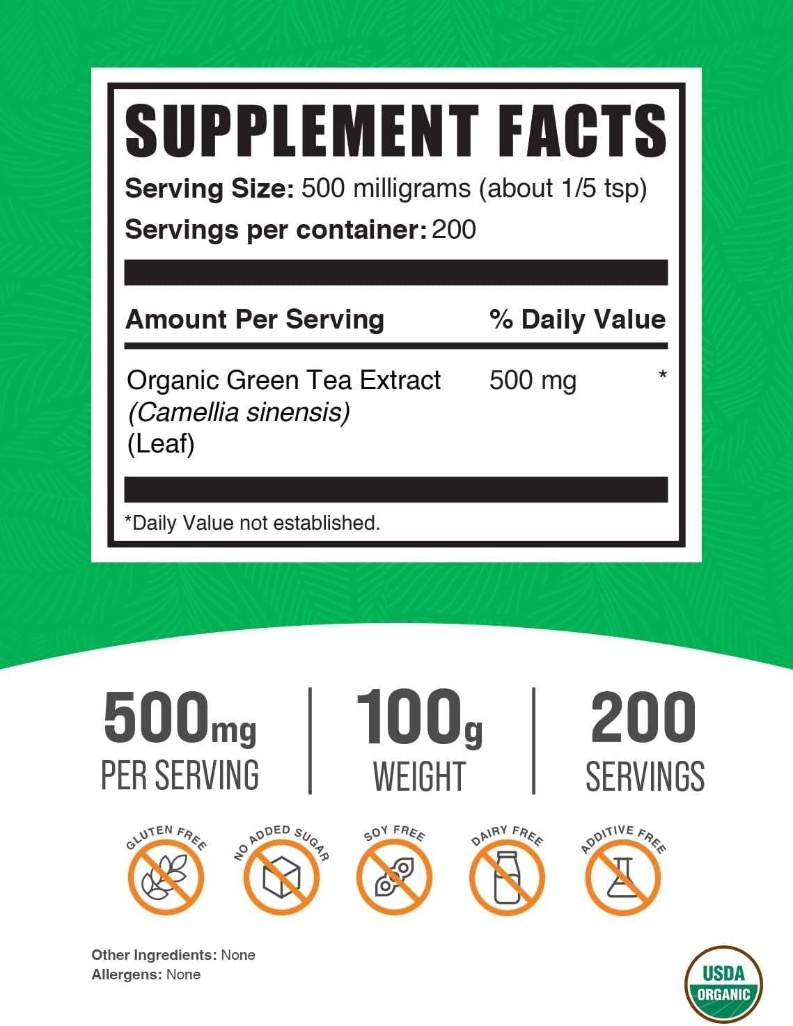 Bulksupplements.Com Organic Green Tea Extract Powder - Herbal Supplement, Green Tea Supplement, Green Tea Powder - Vegan & Gluten Free, 500Mg per Serving, 250G (8.8 Oz) (Pack of 1)