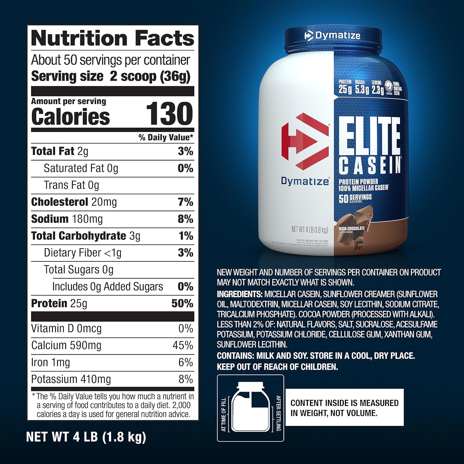 Dymatize Elite Casein Protein Powder, Slow Absorbing with Muscle Building Amino Acids, 100% Micellar Casein, 25G Protein, 5.4G Bcaas & 2.3G Leucine, Helps Overnight Recovery, Rich Chocolate, 2 Pound