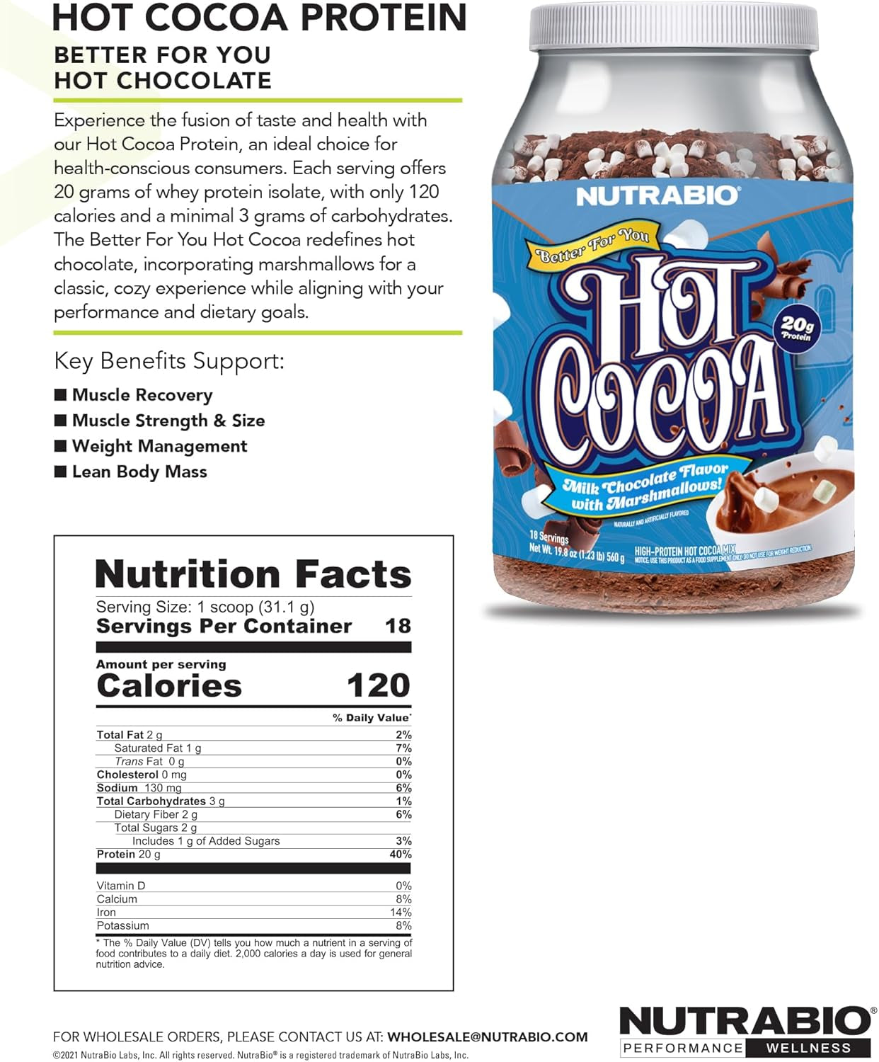 Nutrabio – Hot Chocolate Protein Powder – Support Muscle Recovery, Strength and Size – Low Calorie, Low Carb – 18 Servings – 20 Grams of Protein