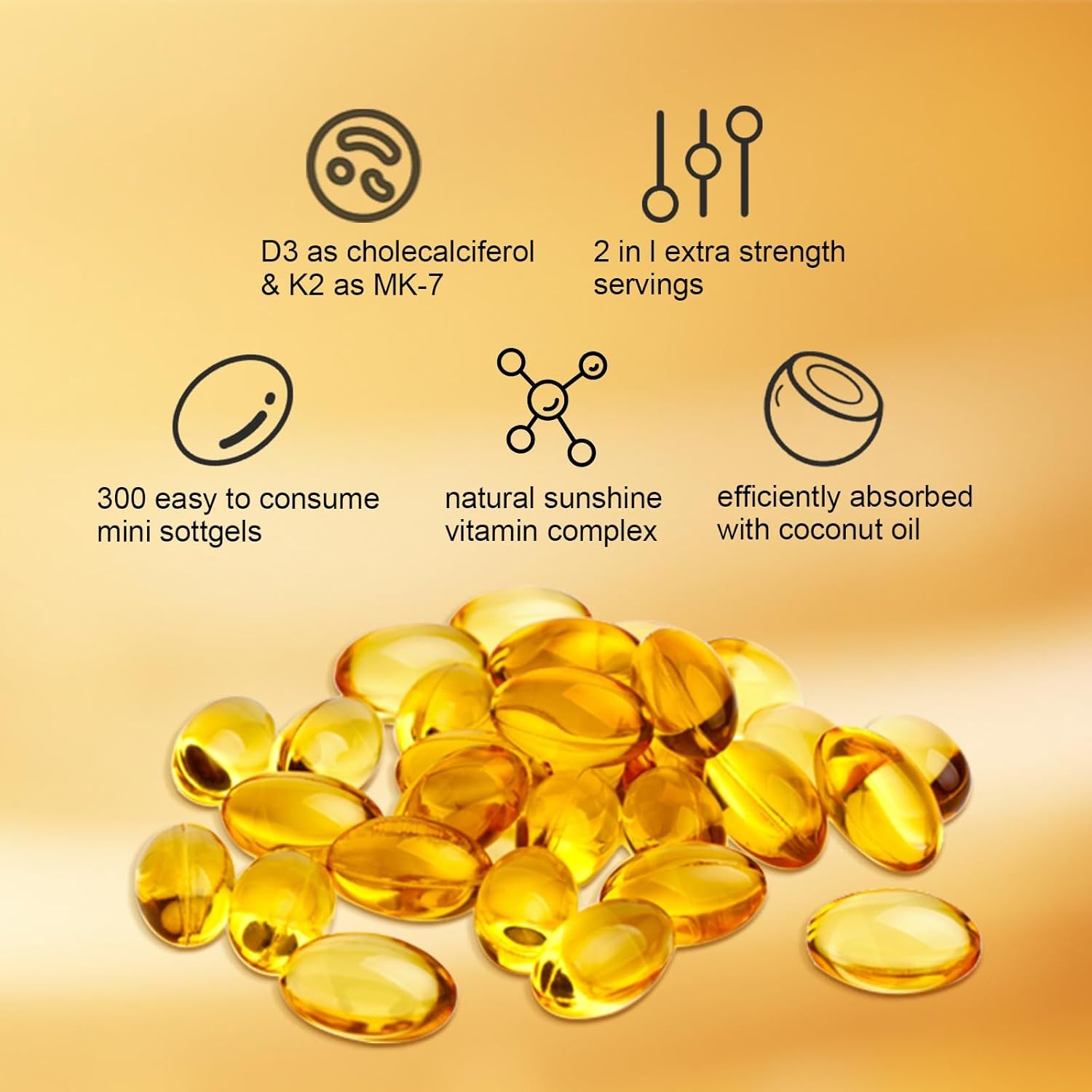 Vitamin D3 K2,K2 D3,Supplement Softgel,10000 IU VIT D3 + 200 MCG Vitamin K2,Microingredients Vitamin D3 K2,K2 D3 Vitamin Supplement,Micro Ingredients Vitamin D3 K2,300 Pcs., Yellow 