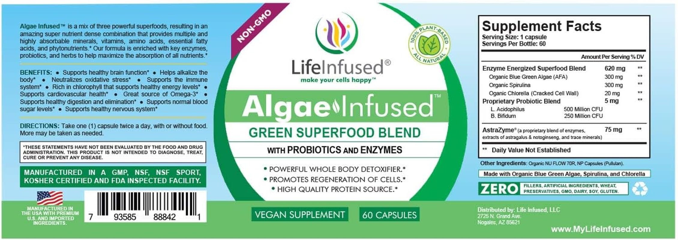 Life Infused Algae Infused - Premium Green Superfood Blend, Spirulina, Chlorella, Probiotics & Enzyme for More Energy, Digestion, Detox & Immune Support: 60 Caps