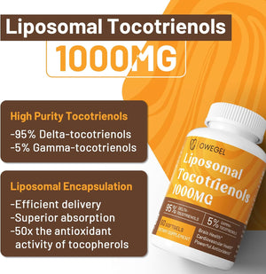 Liposomal Tocotrienols 1000Mg - High Bioavailability Vitamin E Tocotrienols Supplements,95% Delta & 5% Gamma Tocotrienol Capsules Support Cardiovascular,Skin,Bone,Antioxidant,180 Softgels 