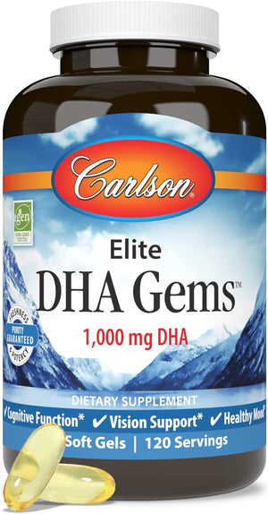 Carlson - Elite DHA Gems, 1000 Mg DHA, Wild Caught, Sustainably Sourced, Brain Function & Healthy Vision, 120 Softgels