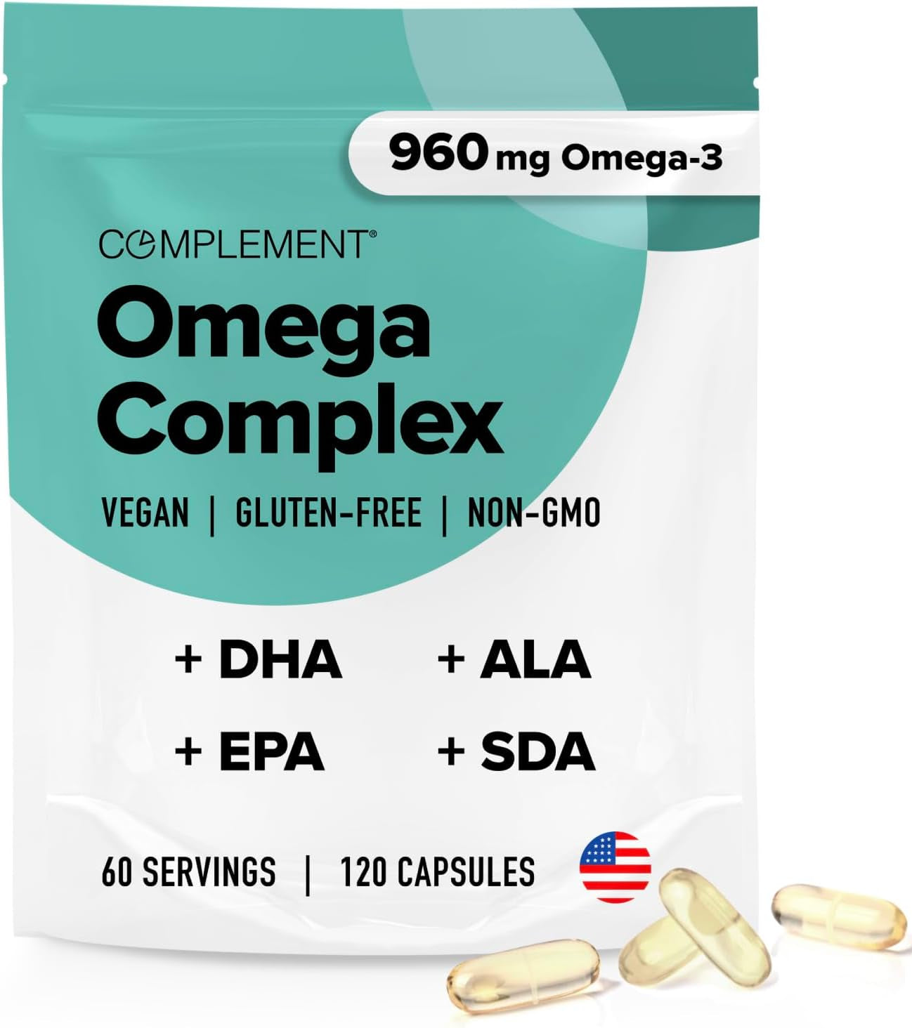Complement Omega Complex Vegan Liquid Capsules 960Mg Omega-3 Fatty Acids, DHA,EPA,SDA,ALA Supplement-Immune Support,Brain Function,Heart Health, 60 
