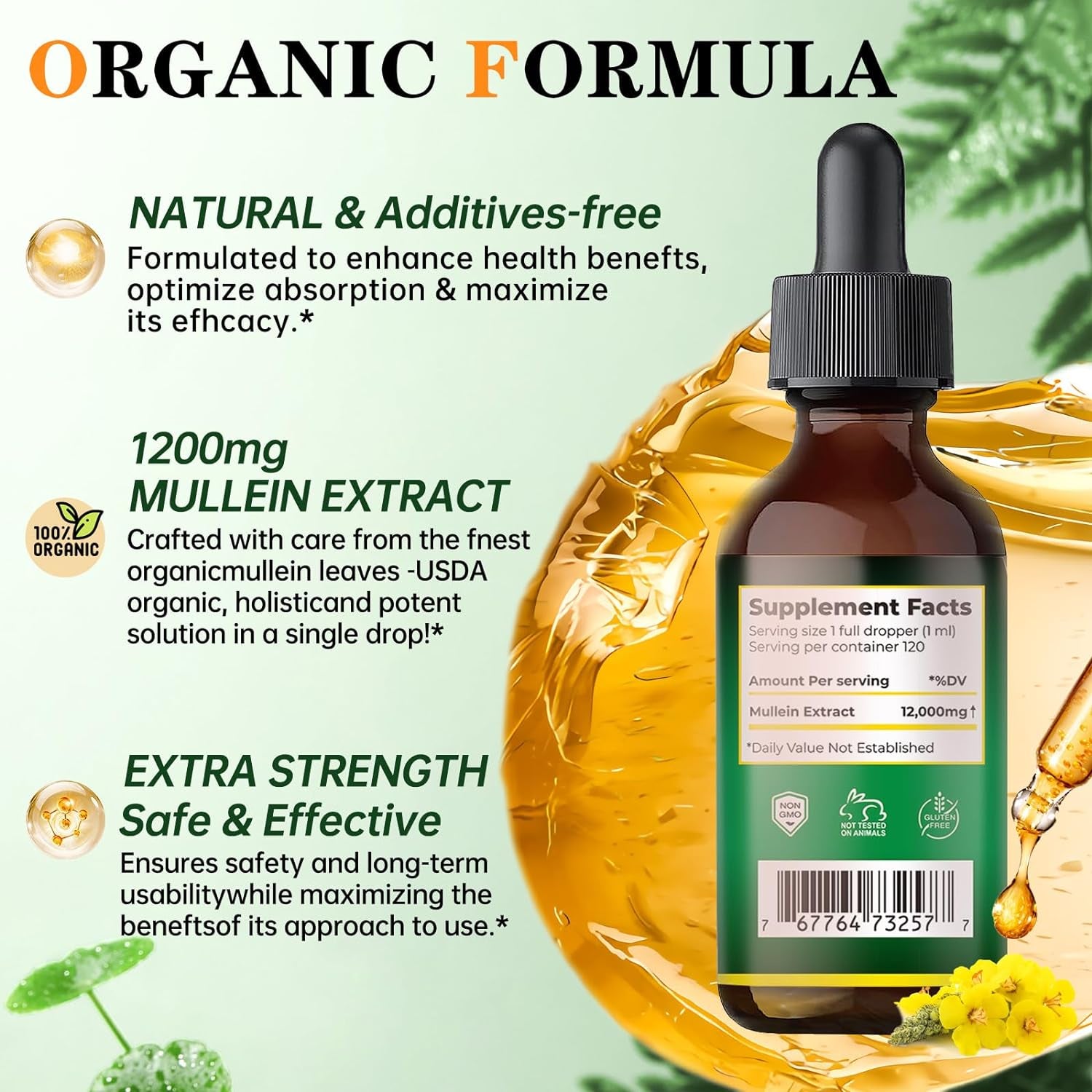 120ML Organic Mullein Drops for Lungs - Mullein Leaf Extract Supplement - Respiratory Health Support - as Liquid, Tincture, Tea 