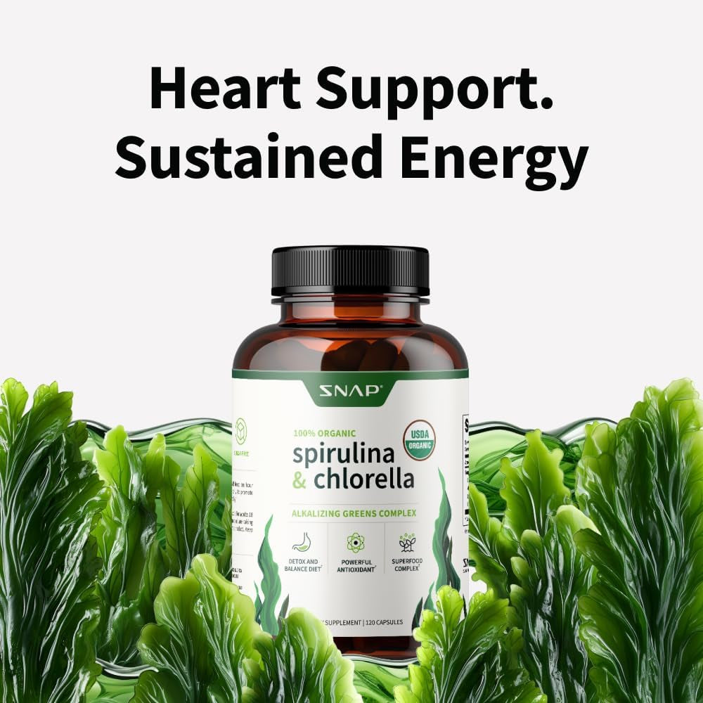 Snap Supplements USDA Organic Spirulina Chlorella Capsules - Green Superfoods for Natural Energy and Metabolic Health, 120 Capsules
