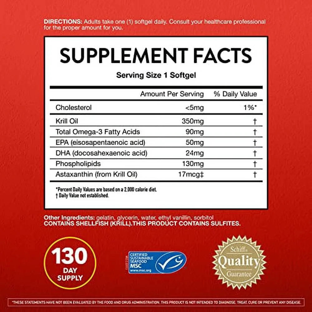 Krill Oil 350Mg Omega 3 Supplement with EPA, DHA, Astaxanthin & Phopholipids, Supports Heart, Brain, Joint and Eye Health, No Fish Oil Aftertaste - 130 Softgels (130 Servings)