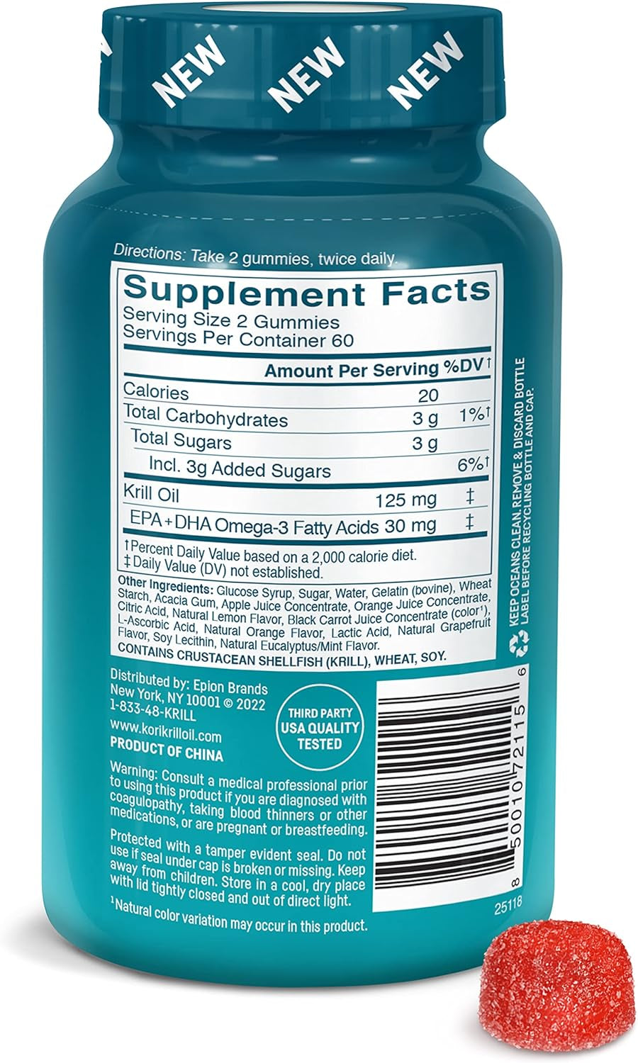 Kori Krill Oil Omega-3 Gummies for Adults | Supports Heart, Brain, Joint, Eye, Skin, Immune Health | Omega-3 Supplements with Superior Absorption Vs Fish Oil | 120 Ct, Pack of 2
