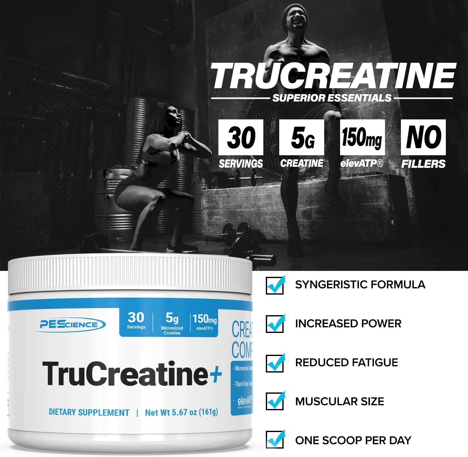 Pescience Trucreatine+, Pure Creatine Monohydrate and Elevatp Powder, 30 Servings