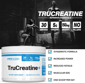 Pescience Trucreatine+, Pure Creatine Monohydrate and Elevatp Powder, 30 Servings
