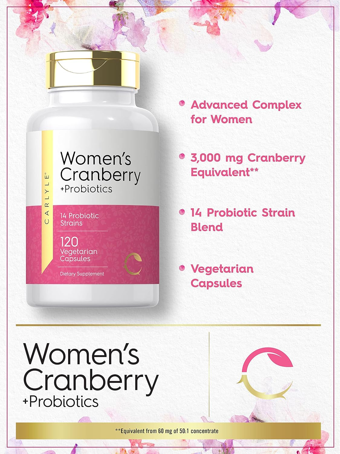 Women'S Cranberry plus Probiotics | 120 Capsules | with 14 Probiotic Strains | Vegetarian, Non-Gmo, Gluten Free Supplement