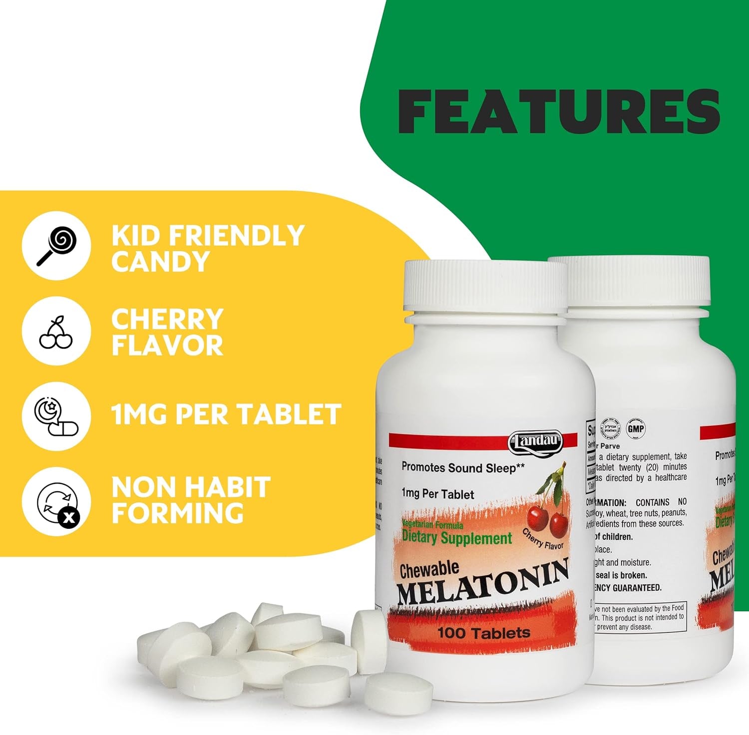 Landau 1Mg Chewable Melatonin – Easy-To-Take Natural Sleep Aid for Men & Women – Our Melatonin Is Kosher & Made in the USA – 100 Tablets, Natural Cherry Flavor